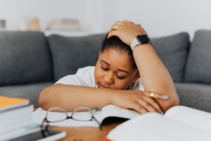 tired woman studying